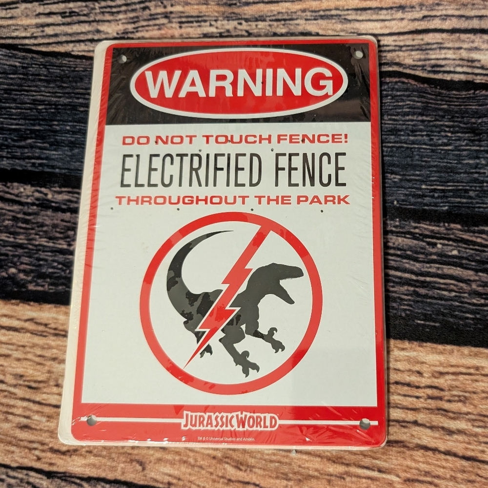 Jurassic World Electrified Fence Warning Metal Dinosaur Parking Sign Loote Crate
